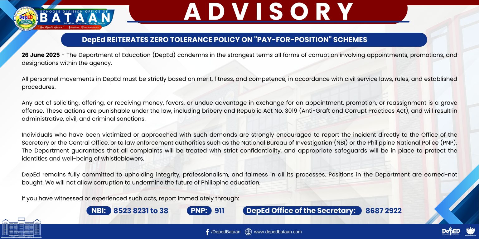 ZERO TOLERANCE POLICY ON CORRUPTION IN PERSONNEL ACTIONS